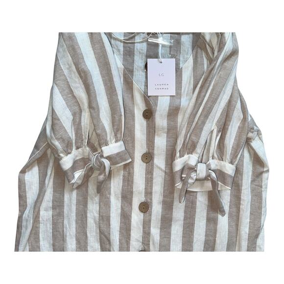 LC Lauren Conrad Knot-Sleeve Button-Front beige white striped Linen top NWT - Picture 2 of 9